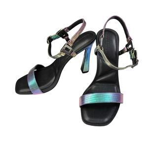Karl Lagerfeld Paris Iridescent Strappy Heels Cybil Square Toe Women's 7 NWOB
